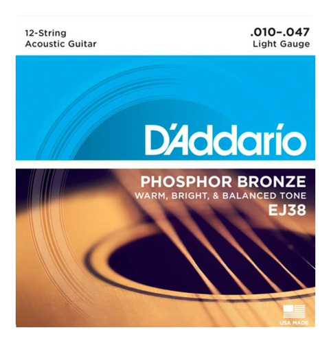 Encordado Daddario Ej38 Phosphor Bronze 12 Cuerdas 10-47