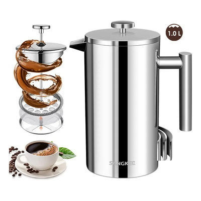 SANGKEE Cafetera Prensa Francesa De Acero Inoxidable De Doble Pared 1000ml Cafetera Y Tetera Cafetera De Émbolo Hacer Café Y Té Mejor | Envío gratis