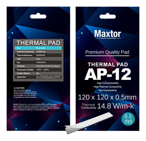 Pad Térmico Maxtor Ap-12 120x120x 0.5mm Rendimiento 14.8w/mk Color Gris