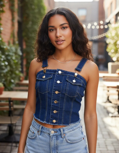 Blusa Tirante Mezclilla Corset Crop Top Escote Sexy Jean Bcm