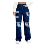 Calça Feminina Jeans Premium Wide Leg Com Rasgos Destroyed