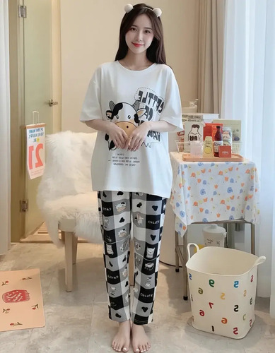 Set De Pijama Dibujo Animado Para Mujer Tops + Pants Q