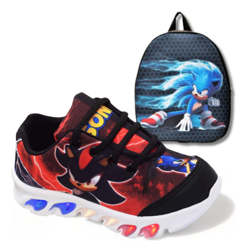 Tênis Infantil De Led Sonic Shadow Mais Mochila Promoção