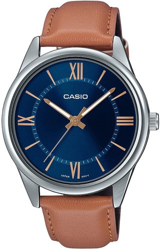 Reloj De Pulsera Casio Enticer Mtp-v005 De Cuerpo Color Plateado, Analógico, Para Hombre, Fondo Azul, Con Correa De Cuero Color Marrón, Agujas Color Dorado Y Blanco, Dial Dorado, Minutero/segundero Bl