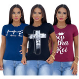 Kit 3 Camisetas Blusa T-shirt Feminina Frases Evangélicas