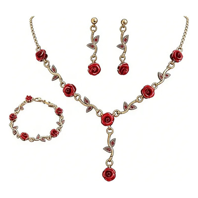 Juego De Joyería Con Dije De Rosa Y Aretes Colgantes Rojo