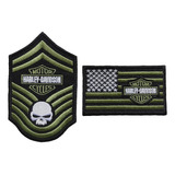 Parche Bordado Rango Militar Y Bandera Con Logo Harley Verde