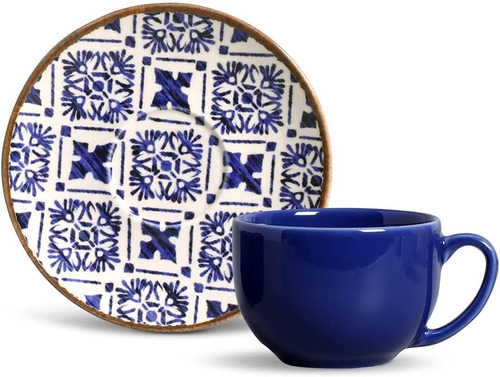 Jogo Xícaras Chá Cerâmica C/ Pires Coup Asteca 260ml Kit 6 Cor Azul