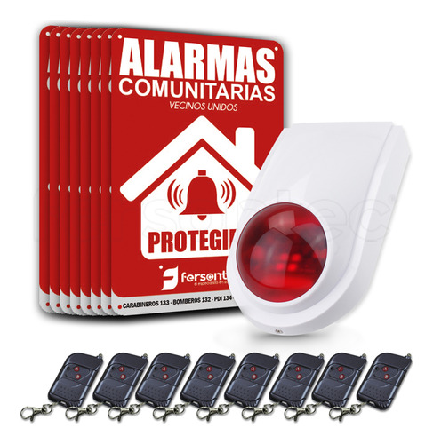 Kit Alarma Sirena Comunitaria + 8 Control Remoto + 8 Cartel 