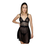 Camisola Transparente Rendada Calcinha Fio Dental Sensual