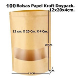 100 Bolsas Papel Kraft Doypack 12x20x4 Cms Cierre Hermetico