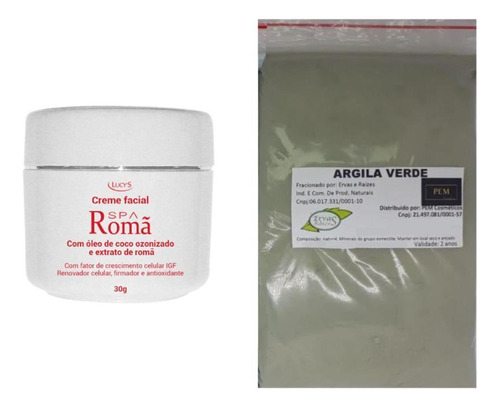 Argila Pura Verde 500g E Creme Renovador Facial Romã