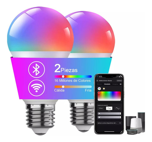 2 Foco Led Inteligente Rgbcw Wifi 9w Ajustable Multicolor