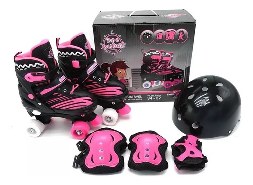 Patins Infantil Rosa P/ Menina Com Kit De Proteção Completo