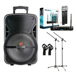 Kit Karaoke Caixa De Som Staner + Microfone Duplo Pedestais