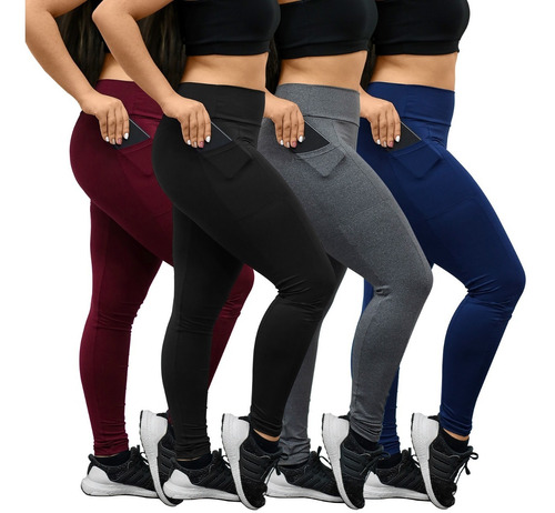 4 Calças Legging Feminina Com Bolso Grossa Academia Fitness