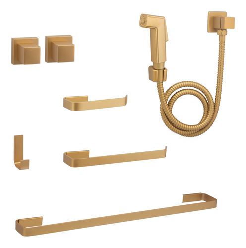 Kit De Acessórios Para Banheiro Quadrado Gold Completo Luxo