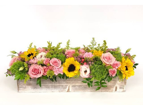 Jardinera Con Flores Artificiales Girasoles Y Rosas