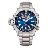 Relógio Masculino Citizen Promaster Aqualand Jp200067l, Cor De Malha, Prata, Moldura, Cor De Fundo Azul, Cor De Fundo Azul