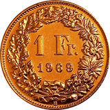 Suiza - Moneda 1 Franco Suizo Del Año 1969 Bañado En Oro 24k