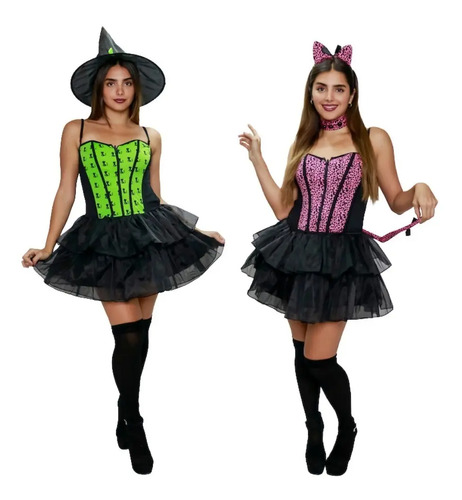 Disfraz Vestido Bruja Y Gatita Sexy 2 En 1 Adulto Dama Reversible