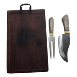 Set Cuchillo Artesanal + Tenedor + Tabla Algarrorrobo 35x25