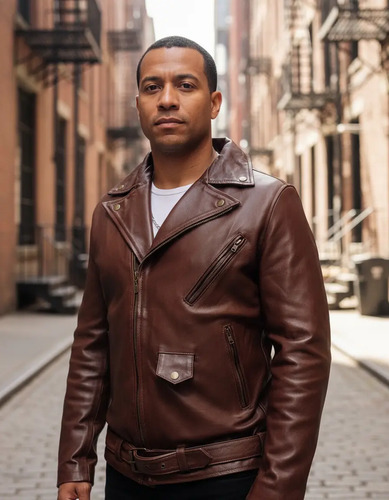Chamarra Biker De Piel Para Hombre Rocker De Cuero Cafe Slim