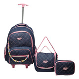 Kit Mochila De Rodinha Feminina Juvenil Escolar Jeans Grande