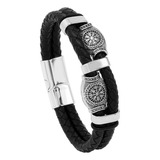 Pulsera Para Hombre De Cuero Con Dije Doble Vegvisir Vikingo