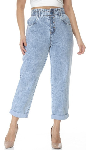 Calça Mom Jeans Feminina Cintura Alta Com Elástico No Cós 