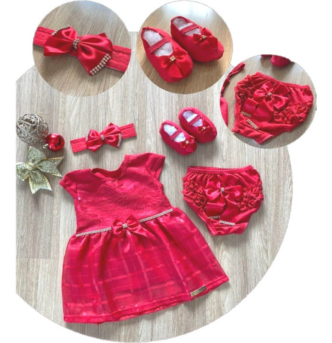 Kit Vestido Luxo Bebê Vestido Faixa Sapato Calcinha Menina