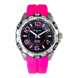 Reloj Nivada Sportman Unisex, Caucho Rosa, Arábigos Correa Rosa Bisel Plateado Fondo Negro