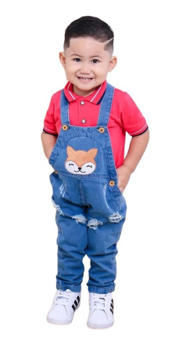 Macacão Calça Infantil Masculino Jeans Desenho Bordado