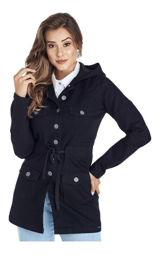 Jaqueta Jeans Feminina Parka Preta Com Capuz Tendência