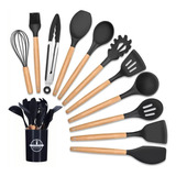 Kit 12 Peças Utensílios Cozinha Em Silicone E Cabo Madeira