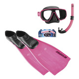Kit Mergulho Completo Máscara Snorkel Nadadeira Pé De Pato Seasub - Vidros Temperados Intercambiáveis Cor Rosa | 37/39