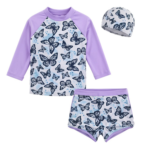 Traje De Baño Para Niñas Manga Larga Gorro Natación 3-10 Año