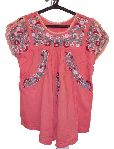 Blusa Bordada Flores Estilo Mexicano Pinzas T.l Mujer Fucsia