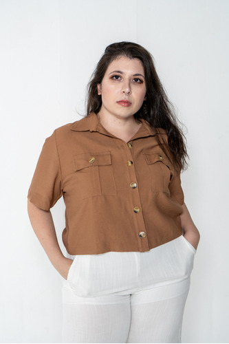Blusa Feminina Camisa Bolsos Botões Fresca Casual Social