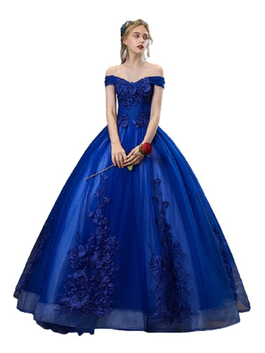 Vestido Debutante 15 Anos Azul Bic Royal Ombro + Saiote