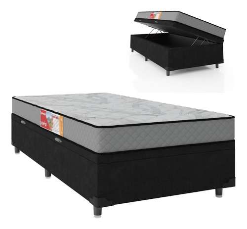 Cama Box Baú Solteiro Colchão D33 88cm Cinza/branco/preto