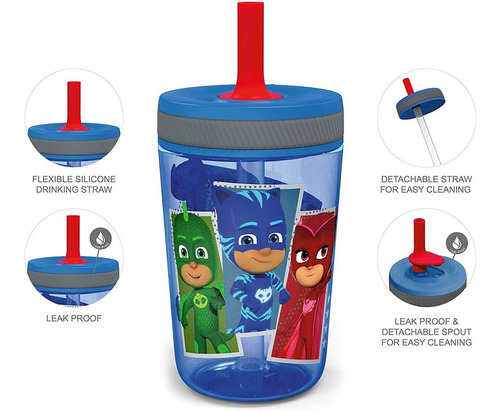 Zak Designs - Juego De Vasos De Pj Masks Kelso Con Popote De