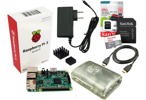 Kit Raspberry Pi3 B, Fonte, Case, Dissipadores, Hdmi E 32gb