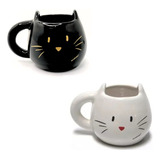 Set 2 Tazas Cerámica Con Forma De Gatos Bco Y Negro Acabajo 