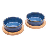 2 Petisqueiras 2 Bandejas Lyor De Ceramica E Bambu 20cm Cor Azul