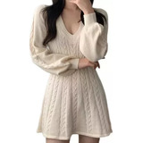 Vestido Suéter Feminino Retrô Com Decote Em V Em Malha