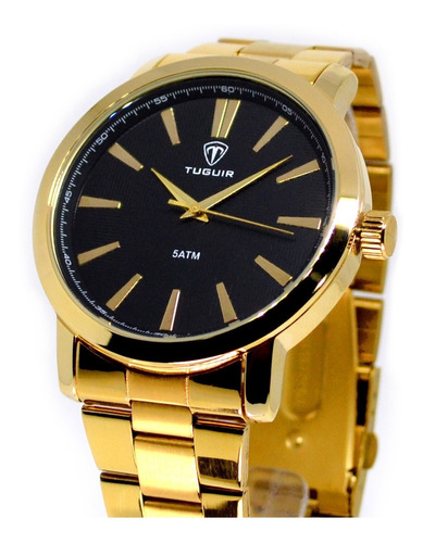 Relogio Masculino Dourado Fundo Preto Grande Analogico 