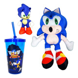 Sonic De Pelúcia 50 Cm + Sonic 16cm E Copo Coponudo Twister 