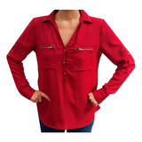 Camisa Blusa Chifon Roja M/l | Importada | Nueva
