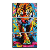 Cuadro Triptico Vertical Tigre Multicolor Artistico